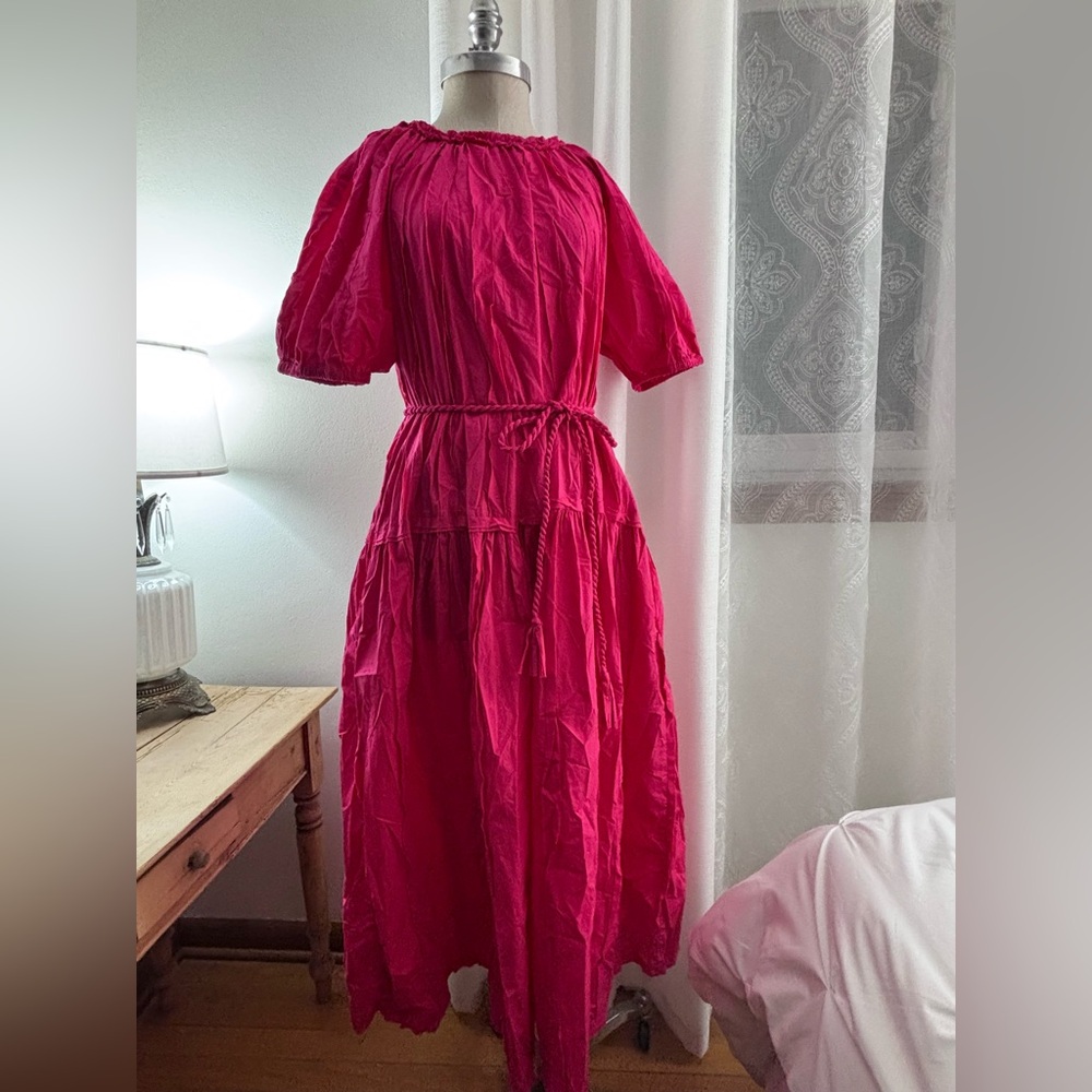 Ulla Johnson Vibrant Pink Puff Sleeve Tiered Belted Dress, 12, VGUC